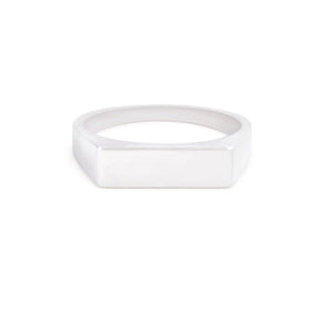 Sterling silver signet ring by T.M.J with rhodium polish, featuring a 4mm by 16mm face, jewelry for men or women.
