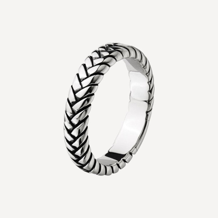 Helix men's sterling silver ring by T.M.J featuring a sleek, modern silver band with intricate design details.