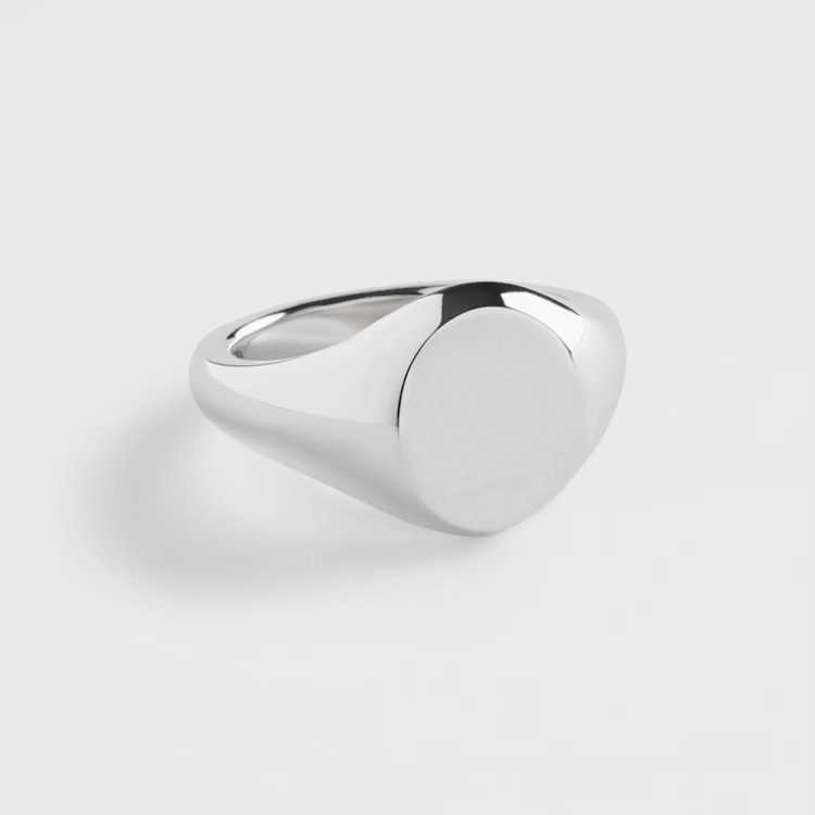 Heritage Men's Sterling Silver Oval Signet Ring showing detailed silver design on a men's silver ring.