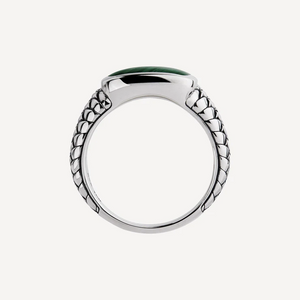 Vanguard men's sterling silver ring with a vibrant green malachite gemstone, crafted in a sleek T.M.J silver ring design.