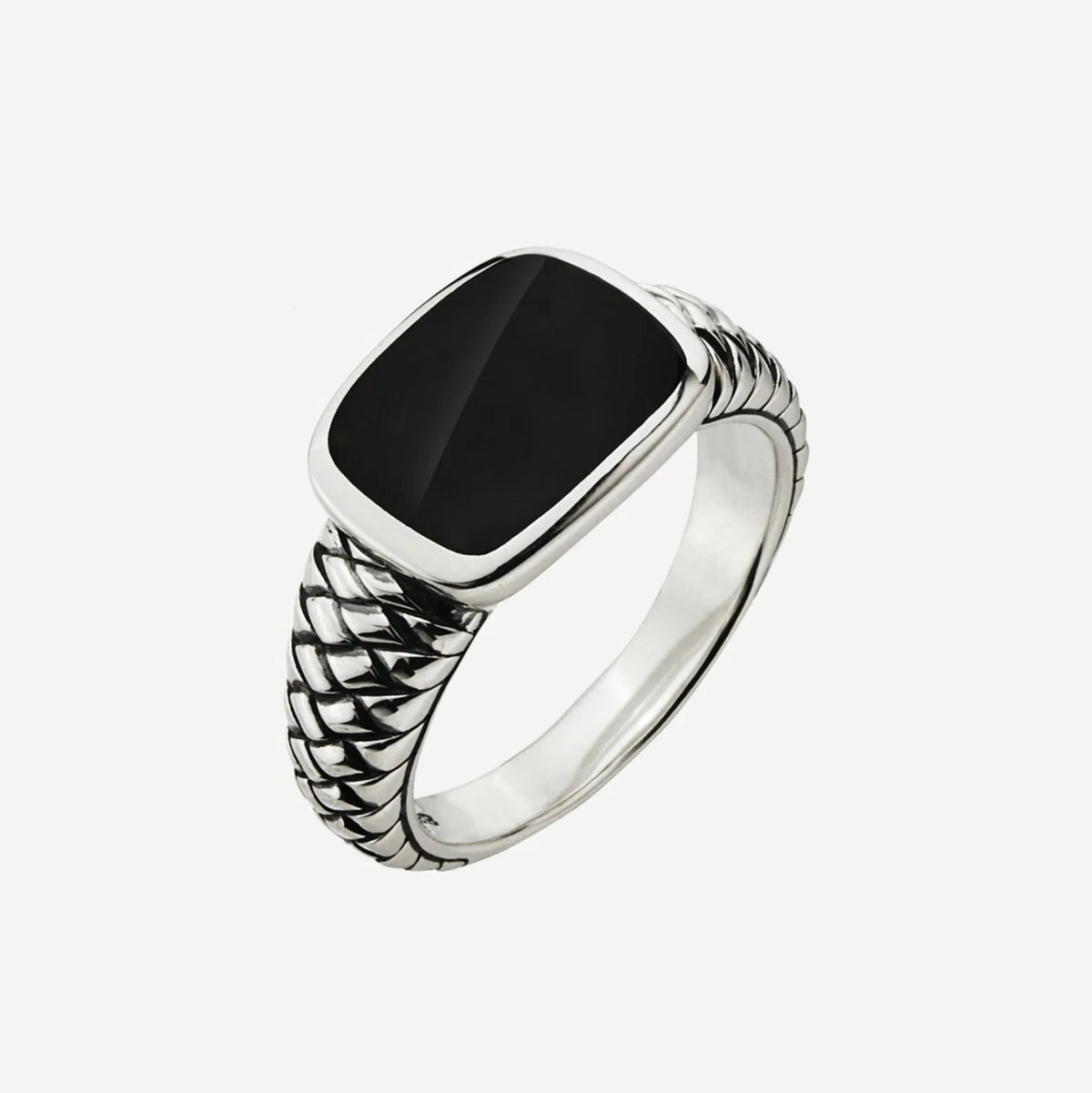 Vanguard men's sterling silver ring with black onyx gemstone, featuring a sleek design and polished finish.