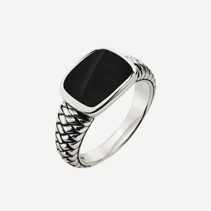 Vanguard men's sterling silver ring with black onyx gemstone, featuring a sleek design and polished finish.