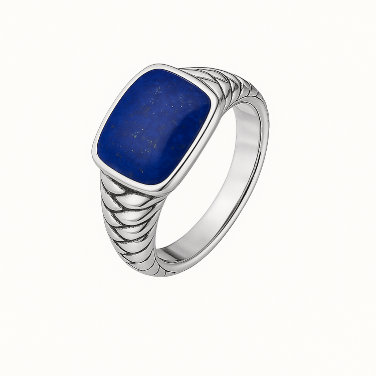 Vanguard men's sterling silver ring featuring a deep blue lapis lazuli gemstone, crafted by T.M.J. in a sleek silver band design.