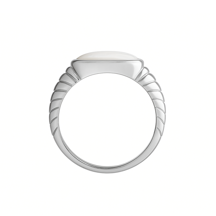 Vanguard men's sterling silver ring with a polished mother of pearl centerpiece, crafted by T.M.J. in silver ring style.