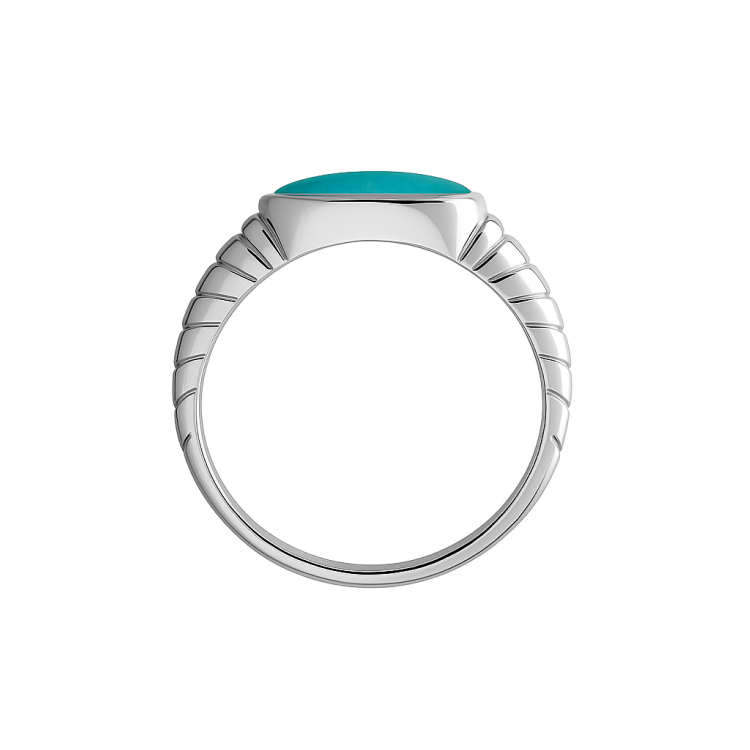 Vanguard men's sterling silver ring with turquoise gemstone, featuring intricate silver band detailing, crafted by T.M.J.