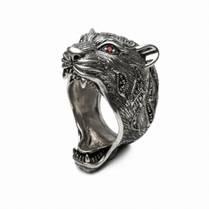 Sterling silver Tiger Marcasite ring from T.M.J's Animal Collection featuring a detailed tiger design.