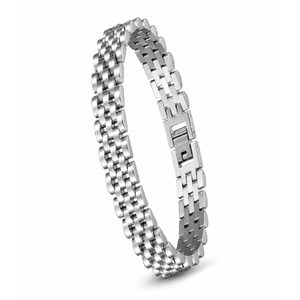 Silver stainless steel men's bracelet with luxury brick design, handmade by T.M.J, 10mm wide, 21cm length.