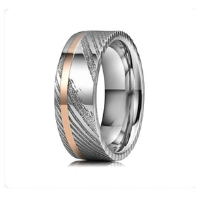 Helios 1 men's Damascus steel and gold inlay stainless steel ring by T.M.J with intricate design and polished finish.