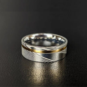 Helios 1 men's Damascus steel and gold inlay stainless steel ring with intricate patterns and polished finish.