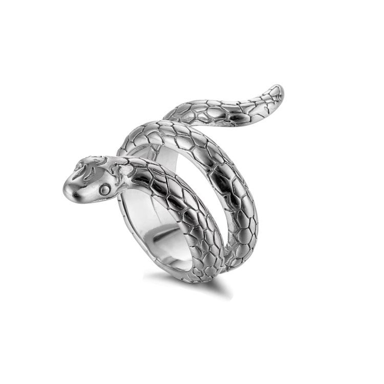 Stainless steel silver snake ring by T.M.J featuring a sleek, coiled snake design on a polished band.