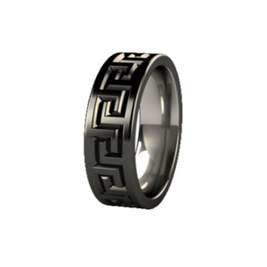 Black zirconium men's ring with Greek key design, stainless steel band by T.M.J, stylish and durable jewelry accessory
