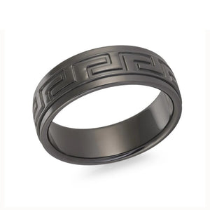 Black zirconium Greek key design stainless steel men's ring with T.M.J branding, featuring bold pattern and sleek finish.