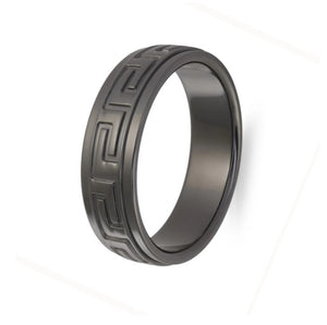Black zirconium Greek key design stainless steel men's ring with T.M.J branding, featuring a bold, intricate pattern.