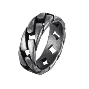 Close-up of T.M.J stainless steel Legion Antique Steel Curb Link Ring showing its textured, antique finish and sturdy curb link design.