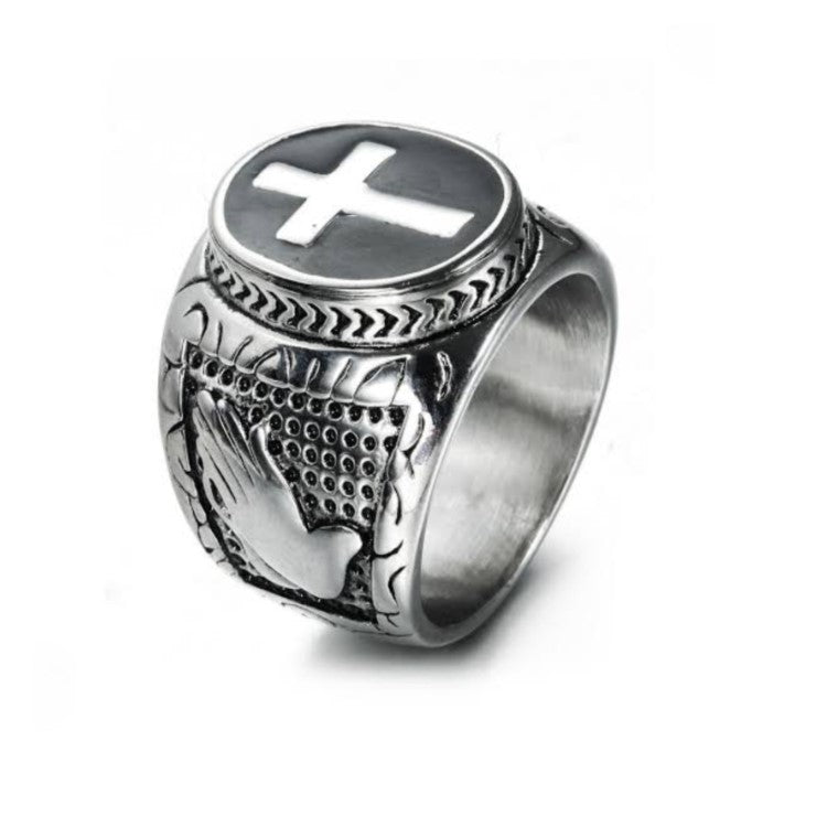 Men’s vintage oval cross signet ring by T.M.J, stainless steel with enamel base, featuring a classic cross design.