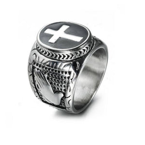 Men’s vintage oval cross signet ring by T.M.J, stainless steel with enamel base, featuring a classic cross design.