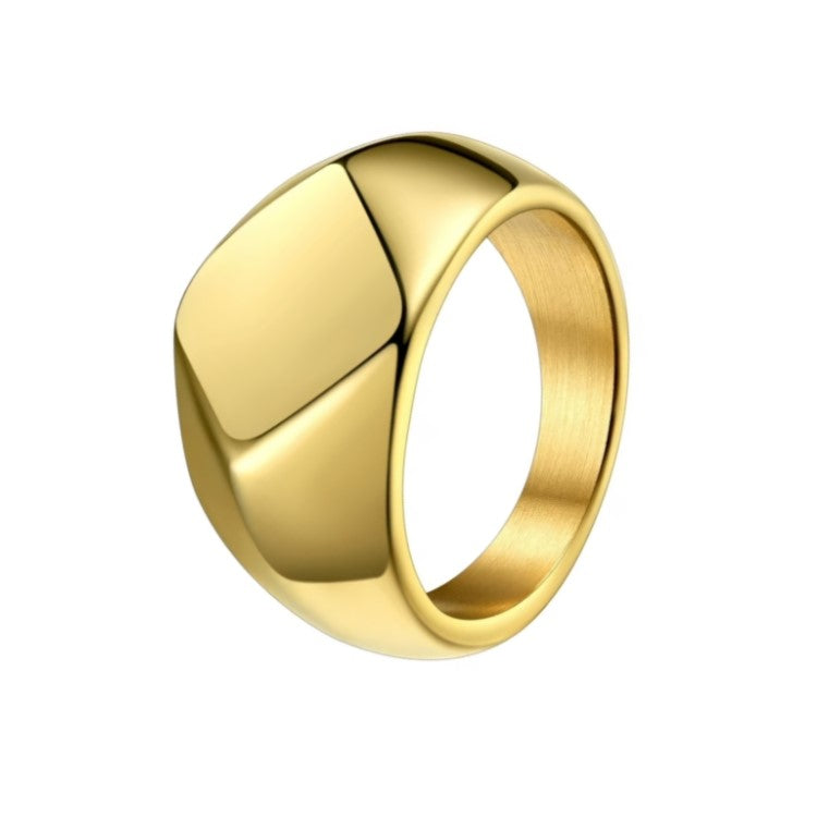 Men’s stainless steel square face ring in polished silver or gold, featuring a modern elegant design with bold silhouette.