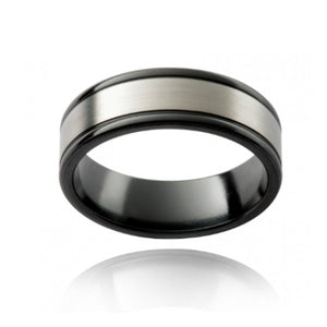 Two-tone black zirconium stainless steel men's ring with a sleek design and modern style by T.M.J.