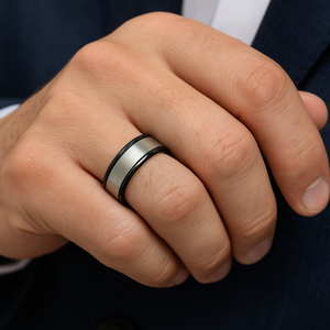 Stainless steel men's ring with two-tone black zirconium design, featuring a sleek band style and modern craftsmanship by T.M.J.