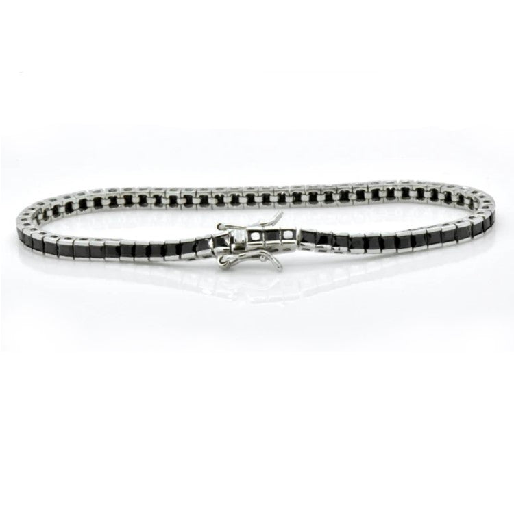 Sterling silver princess cut black CZ tennis bracelet by T.M.J, 17cm length, elegant jewelry for women.