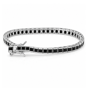 Sterling silver princess cut black CZ tennis bracelet by T.M.J, 17cm length, elegant jewelry accessory.