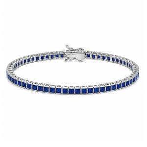 Sterling silver Princess Cut Sapphire Blue CZ tennis bracelet with 3mm stones, crafted by T.M.J. for elegant jewelry styling.