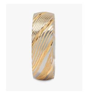 Gold Cerakote Damascus stainless steel ring with polished finish and comfort-fit band, by T.M.J.