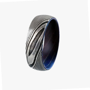 Men’s Damascus Steel Titanium Ring with purple hard wood inner sleeve, 8mm, by T.M.J, featuring intricate steel pattern and wood detail