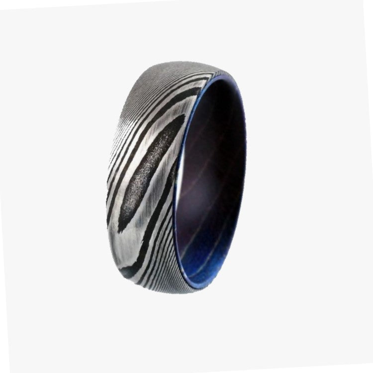 Men’s Damascus Steel Titanium Ring with purple hard wood inner sleeve, 8mm, by T.M.J, featuring intricate steel pattern and wood detail