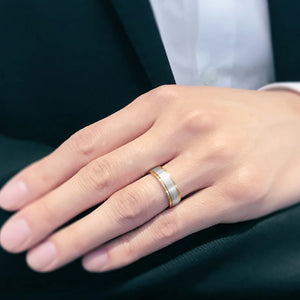 Titanium ring with gold edge and satin finish top, featuring sleek, modern design by T.M.J.
