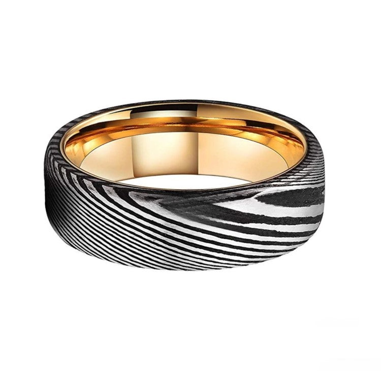 Men’s Damascus steel comfort-fit titanium ring with gold-plated inner band, 8mm wide, by T.M.J.
