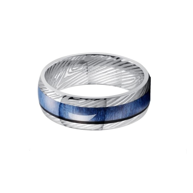 Men’s Damascus steel titanium ring with 8mm blue hard wood inlay, showcasing a sleek and stylish design.