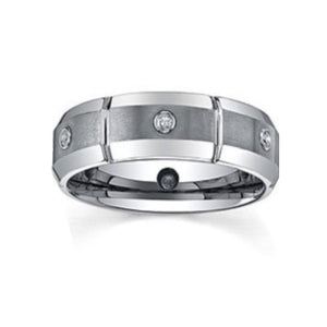 Silver Tungsten Carbide Beveled Edge Ring with stone set, 8mm width, T.M.J brand, showcasing a sleek beveled design and sparkling accents.