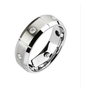 Silver tungsten carbide beveled edge ring with stone set, 8mm width, by T.M.J, featuring a sleek design and polished finish.
