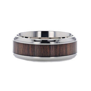Silver tungsten carbide ring with walnut wood inlay, 8mm wide, featuring a sleek, polished finish and modern design.