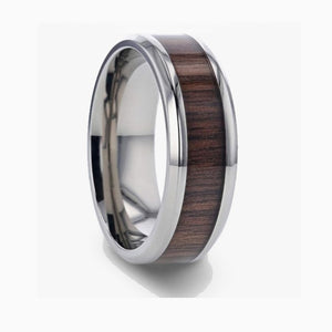 Silver tungsten carbide ring with walnut wood inlay, 8mm width, from T.M.J, featuring a sleek, polished band with natural wood accents.