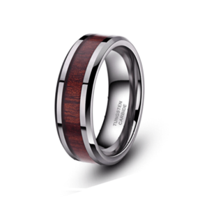 Silver tungsten carbide ring with walnut wood inlay, 8mm width, from T.M.J, showcasing a sleek, polished band with natural wood accents.