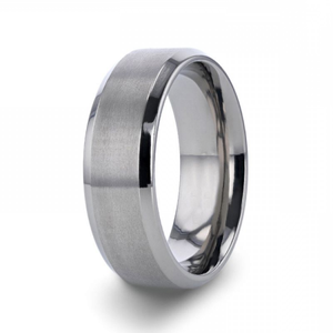 Silver Tungsten Carbide Ring from T.M.J called The Silver Lining, featuring a sleek, polished design and durable tungsten material.