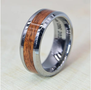 T.M.J tungsten carbide ring with oak wood inlay, beveled edges, 8mm width, featuring a sleek, modern design.