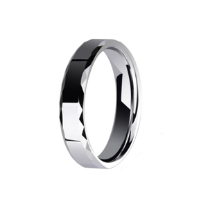 Silver tungsten carbide ring called "The Rumba" by T.M.J, featuring a sleek polished finish and durable design.