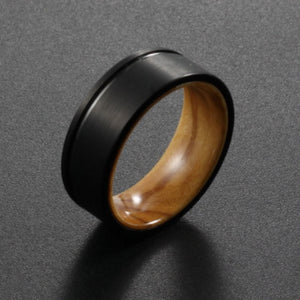 Black tungsten ring with satin finish and whiskey oak barrel design, 8mm wide, from T.M.J's The Winner collection.