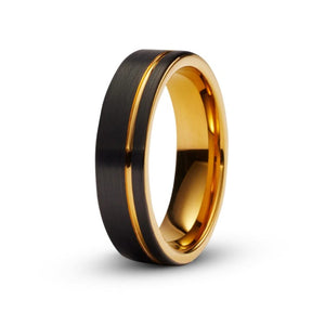 Black and rose gold tungsten carbide ring, 6mm wide, with a sleek finish and T.M.J branding, designed for men's jewelry.