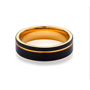 Black and rose gold tungsten carbide ring for men, 6mm wide, with a sleek, polished finish and T.M.J branding.