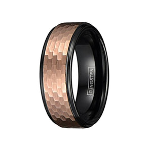 T.M.J Prince Tungsten Carbide ring with black and rose gold honeycomb finish, featuring a sleek band design.