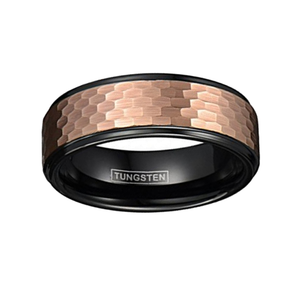 Black and rose gold tungsten ring with honeycomb finish, featuring a sleek band design by T.M.J.