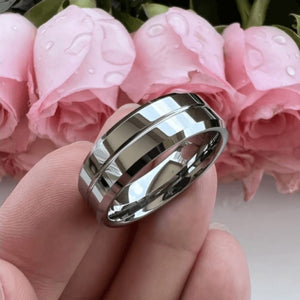 T.M.J tungsten carbide edge ring, sleek men's tungsten ring with polished finish and durable edge design.