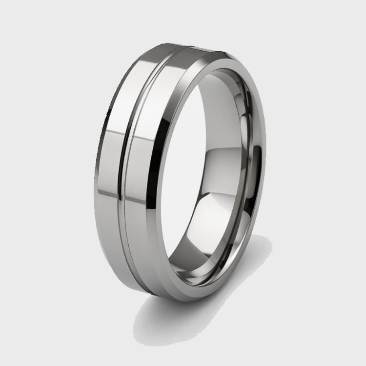 T.M.J tungsten carbide edge ring showing a sleek, polished silver band with a smooth, rounded edge design.