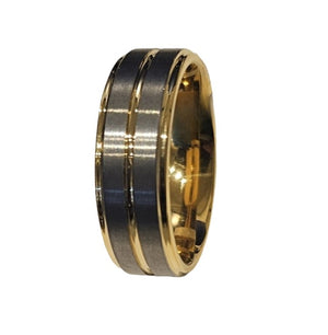 T.M.J tungsten carbide ring with yellow gold satin finish top and polished gold edges, showcasing a sleek, elegant design.
