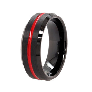 Black tungsten ring with red ion-plated groove and polished beveled edges from T.M.J's Iron Will collection