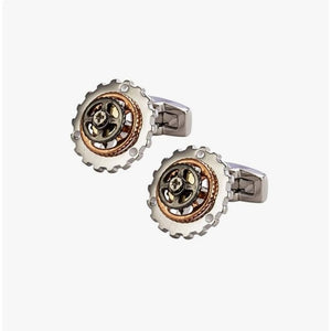Silver T.M.J bicycle gear cufflinks featuring rotatable mechanical watch movement design for men.